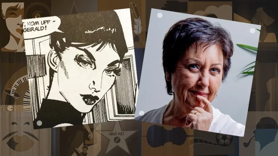 Modesty Blaise i svartvit serieruta och Babben ser finurlig ut 