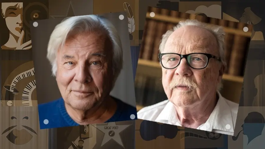 Jan Guillou med blå stickad tröja och Jan Myrdal i vit skjorta. Båda fotograferade i förlags- eller biblioteksmiljö.