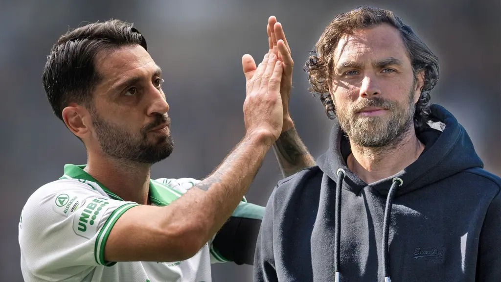 Fotbollsspelare bredvid Radiosportens expert Johan Elmander.