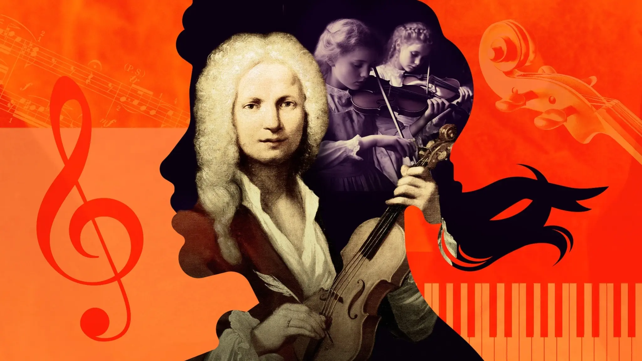 Vivaldi och två flickor som spelar fiol.