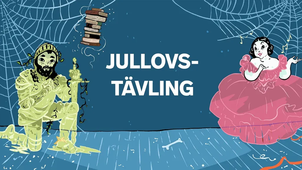 En illustration med ordet Jullovstävling, och ett par av Dimmeborgs spöken.