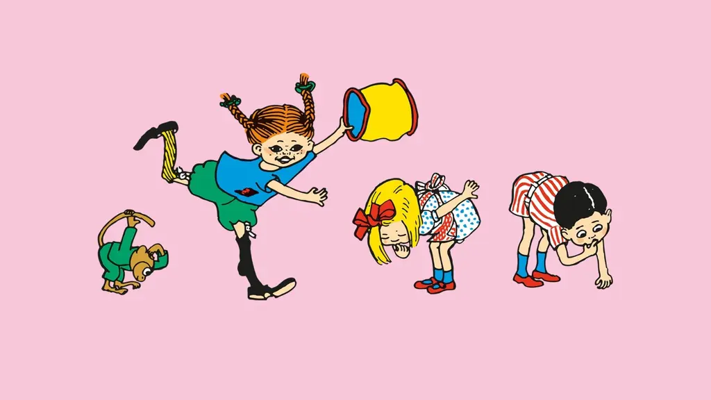 Pippi är sakletare. Tommy, Annika och Herr Nilsson letar efter saker på marken. Pippi har hittat en burk och ser glad ut. © Ingrid Vang Nyman/Astrid Lindgren AB