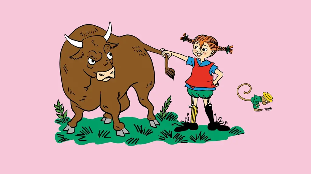 Pippi ordnar utflykt. Pippi har träffat på en ilsken tjur och håller den i svansen. Herr Nilsson tittar på en myra som kryper på marken. © Ingrid Vang Nyman/Astrid Lindgren AB