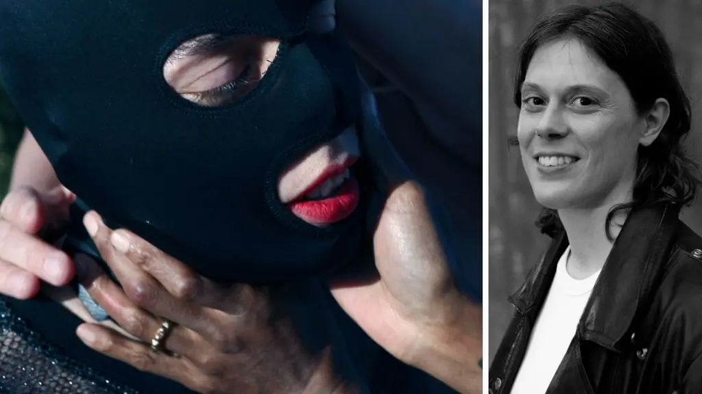 Dokumentärfilme Labour följer sexarbetare i San Fransisco. Bild ur filmen visar ett maskerat ansikte med rött läppstift. Filmaren Tove Pils.