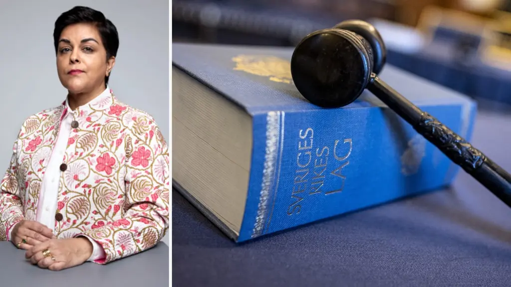 Till vänster syns en person i mönstrad kavaj med händerna sammanlagda. Till höger ligger en klubba på en blå lagbok med texten 'Sveriges lag'. Bilden symboliserar juridik och rättssystemet.