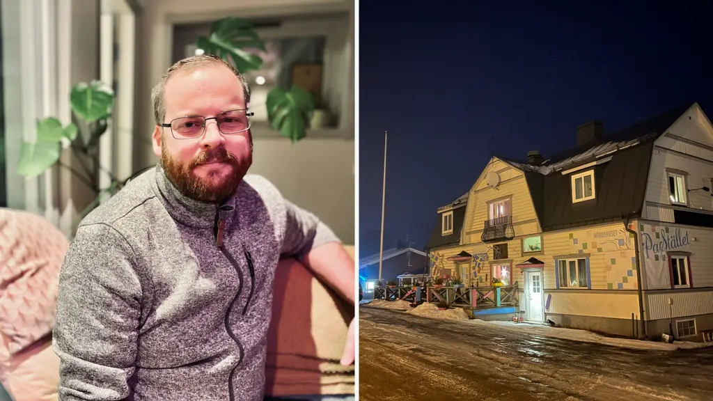 Bildcollage med två delar: till vänster en person i en grå tröja som sitter inomhus vid en växt, till höger en nattbild av ett hus med snö på marken och gatubelysning.