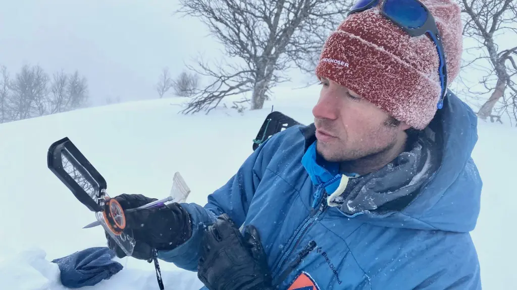 En person klädd i blå vinterjacka och mössa håller i en lavinsond på ett snötäckt fjäll. I bakgrunden syns snöklädda träd och en dimmig himmel. Bilden illustrerar lavinsäkerhetsarbete.