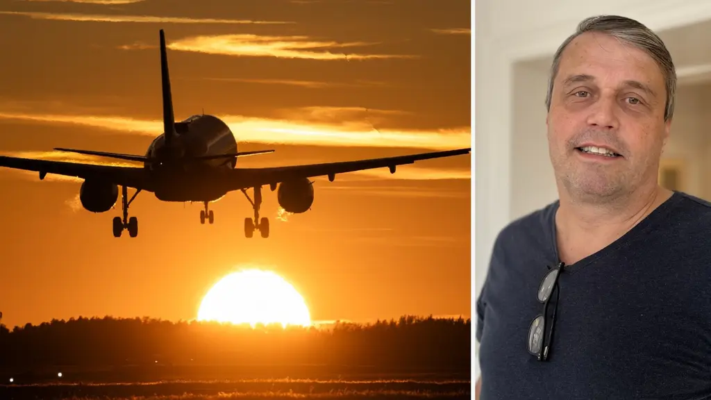 Ett flygplan landar mot en solnedgång i bakgrunden. Bilden är kombinerad med en person, Daniel Kindberg, klädd i mörk tröja.
