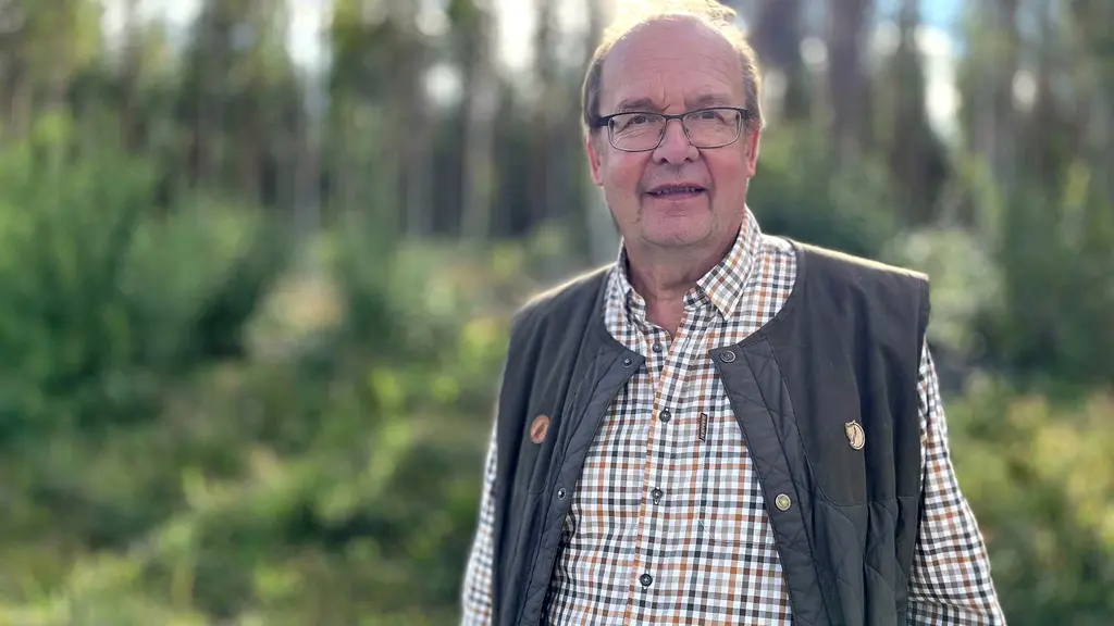 Peter Eriksson från Jägareförbundet står utomhus med en grön väst och rutig skjorta. Bakgrunden visar en skogsmiljö med tät vegetation och träd i solljus.