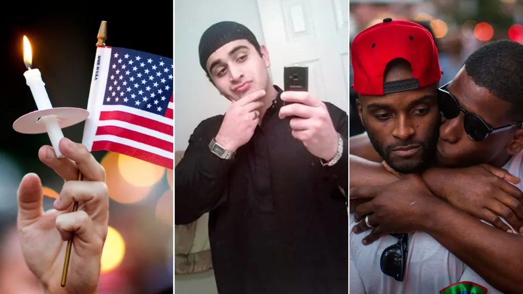 Hand håller i ljus och amerikanska flaggan. Omar Mateen. Två män håller om varandra. 