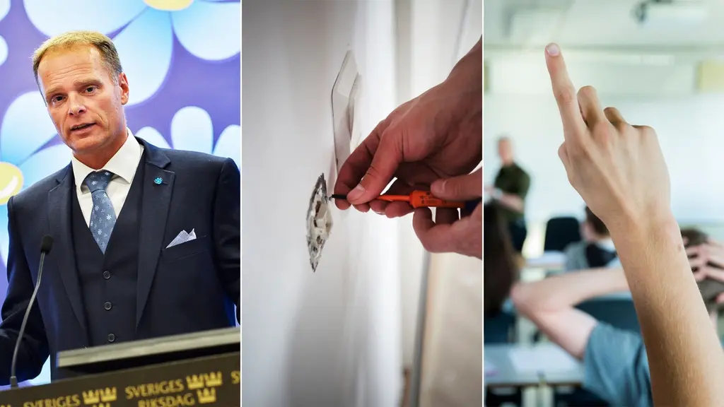 Tredelad bild: Man i kostym, händer som lagar ett eluttag, hand som räcks upp i ett klassrum.