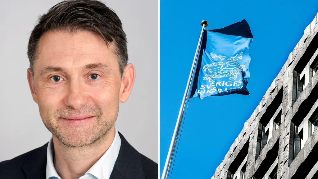 Andreas Wallström, prognoschef på Swedbank, och till höger syns Sveriges Riksbanks flagga utanför ett grått hus. 