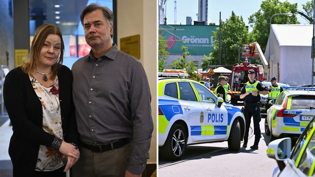 Till vänster: Karin och Mikael Elmegard. Till höger: Poliser utanför Gröna Lund.