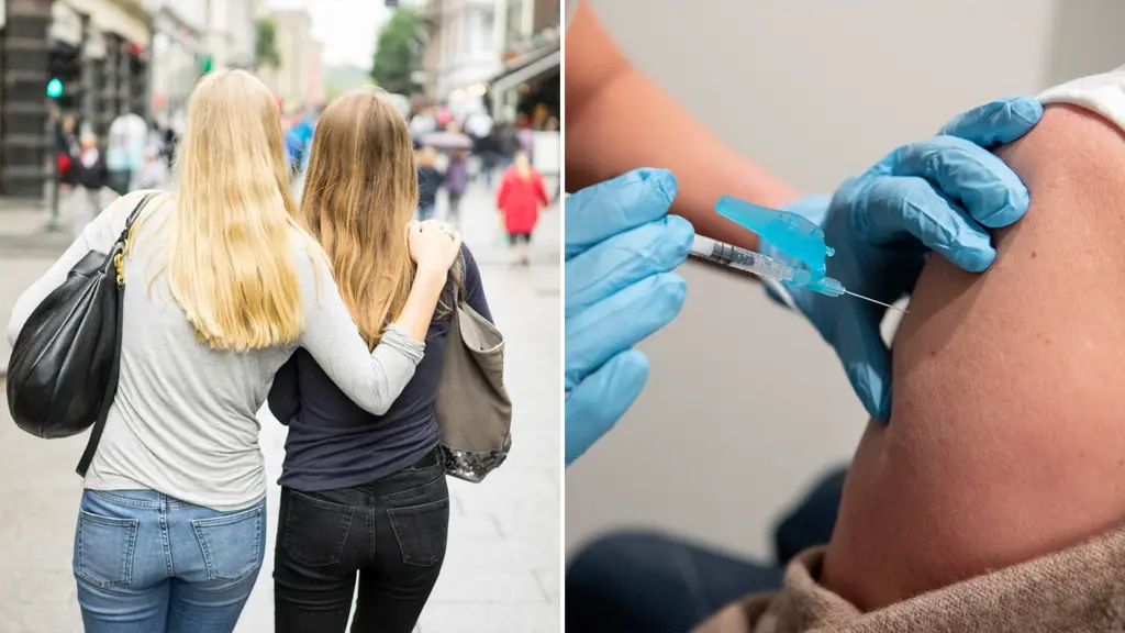 Tvådelad bild med två unga flickor bakifrån till vänster och närbild på en vaccinering i överarm till höger. 