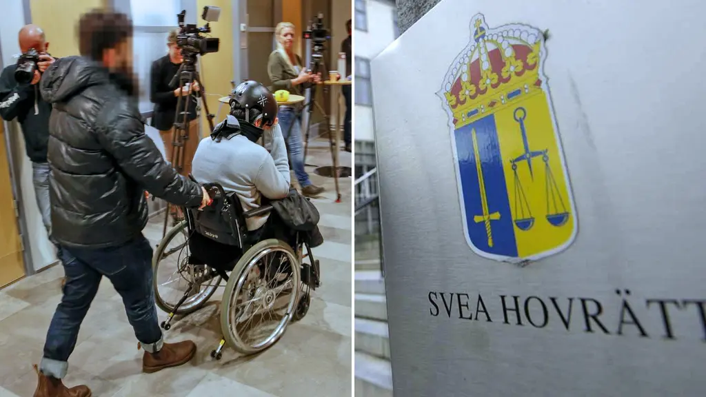 montage två män varav en i rullstol med ansiktena bortvända eller täckta, med skylt svea hovrätt