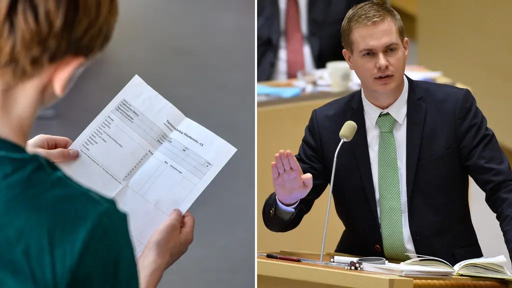 Pojke håller ett betyg i sin hand. Gustaf Fridolin under en riksdagsdebatt.