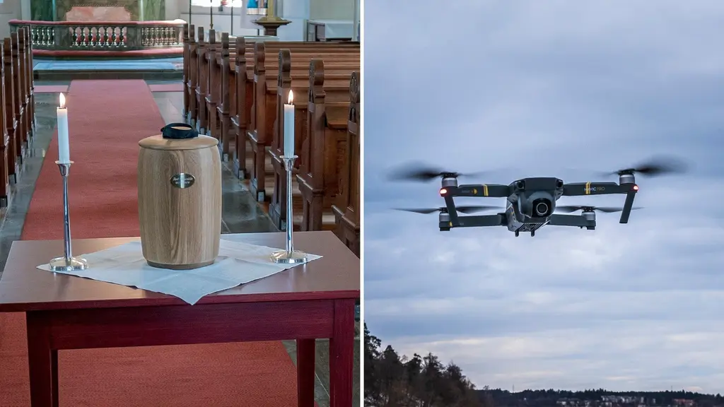 Två bilder: På en urna i en kyrka samt en drönare i luften