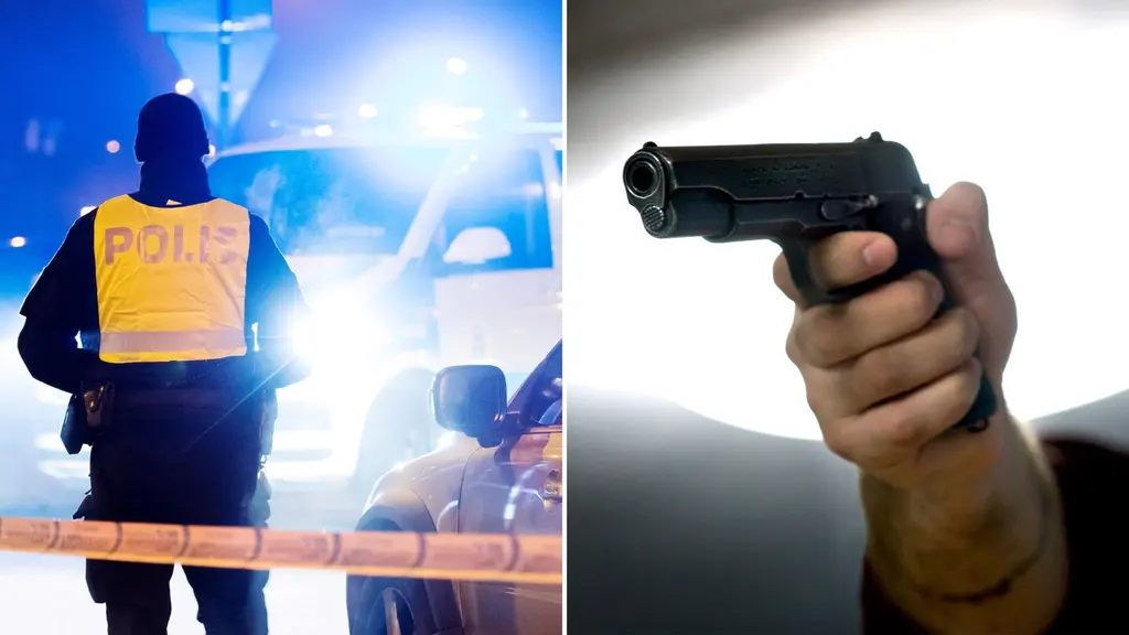 Delad bild: Polis utomhus och ett vapen. 