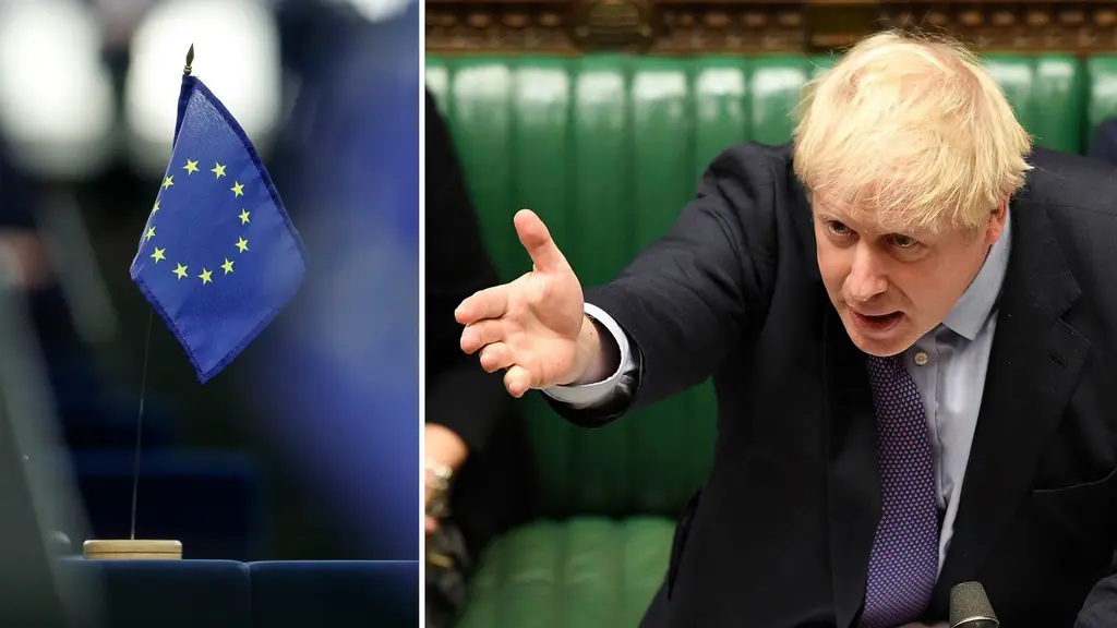 Delad bild: EU-flagga och Boris Johnson som håller upp en hand. 
