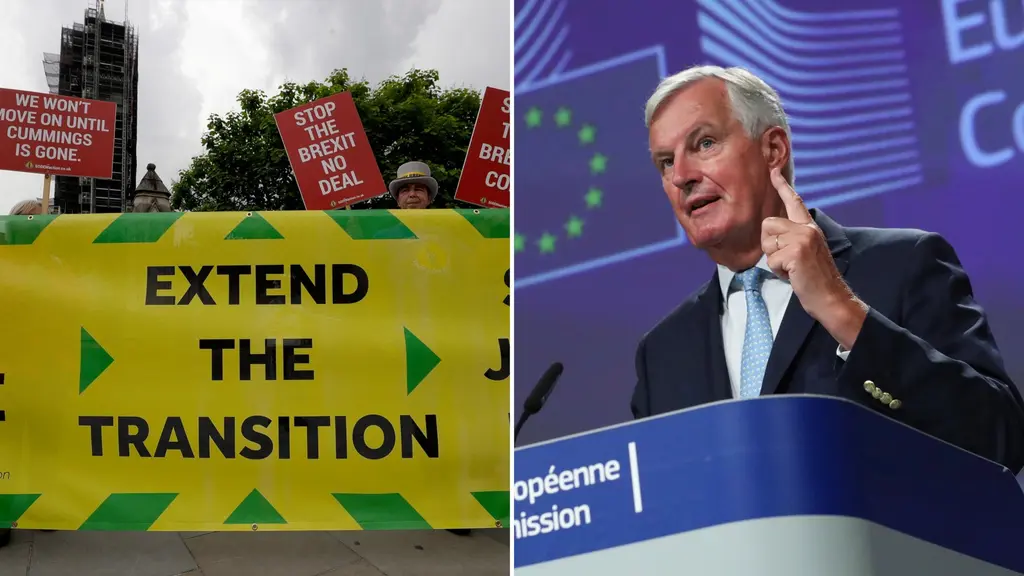 Två delad bild. Brexit protester och EU:s chefsförhandlare Michel Barnier.