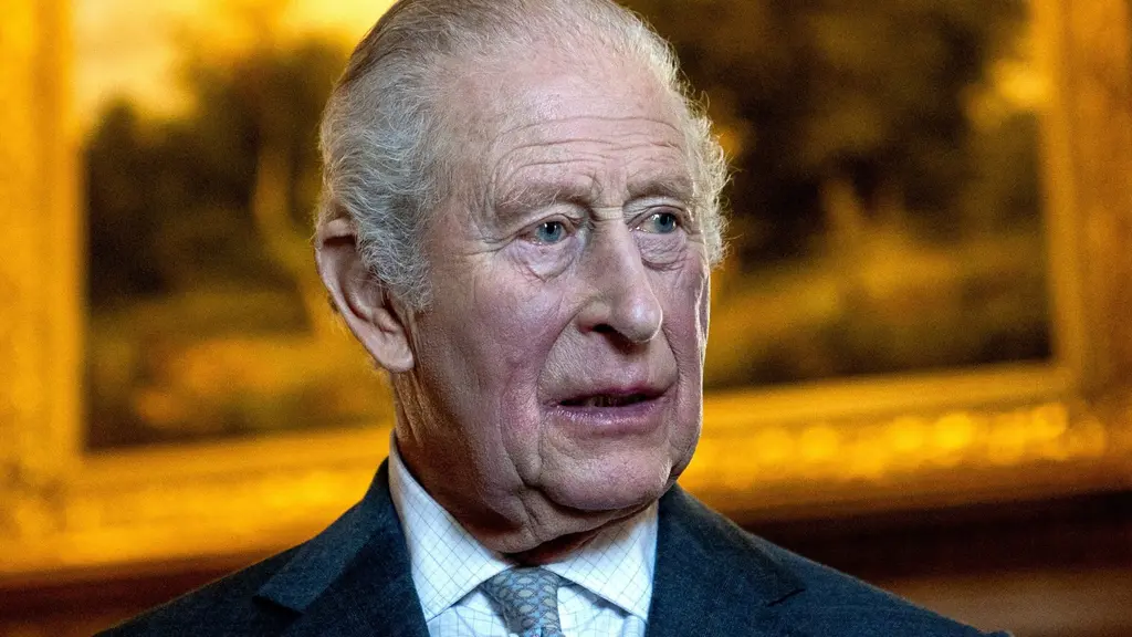 En person i mörk kostym står framför en guldram med ett landskapsmotiv i bakgrunden. Miljön verkar vara ett elegant rum, möjligtvis i ett slott eller palats.