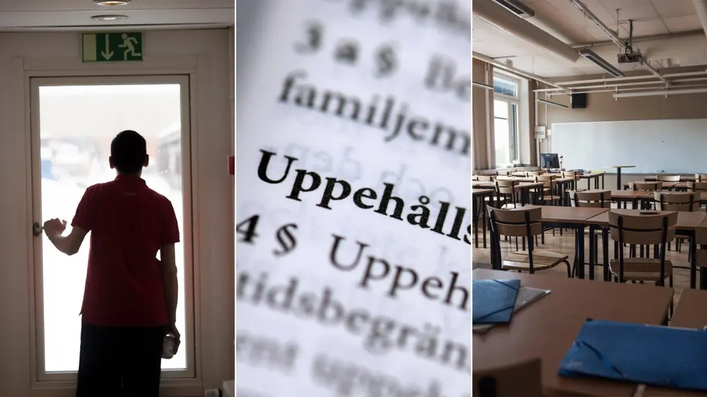 Tredelad bild: Ensamkommande i en dörröppning, text i en lagbok där det står Uppehållstillstånd, tomt klassrum i gymnasieskola.