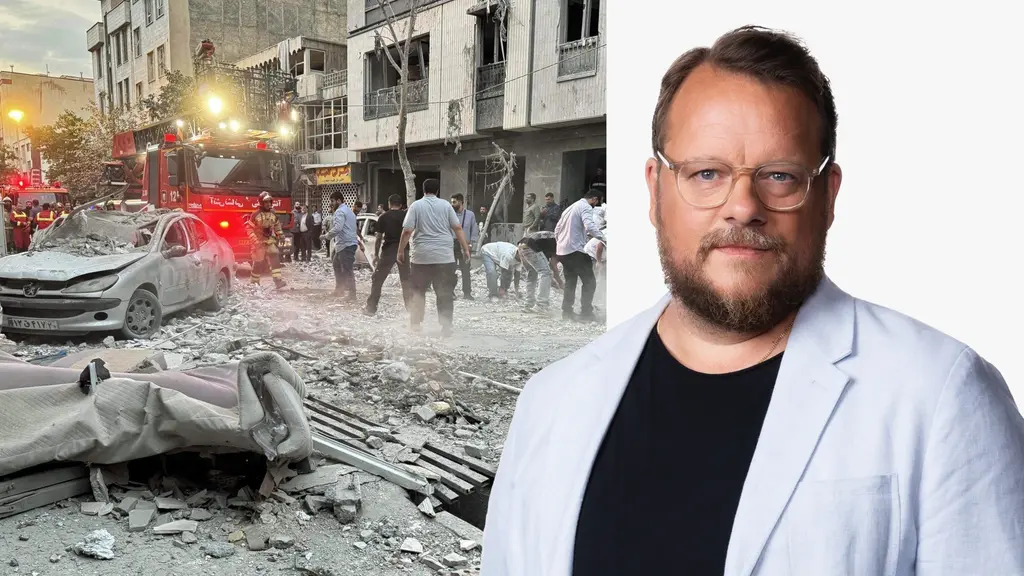 Förödelse på gata i Iran i bildsplit med Johan Mathias Sommarström.