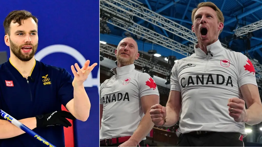 Sveriges Oskar Eriksson och Kanadas Brad Jacobs och Marc Kennedy.