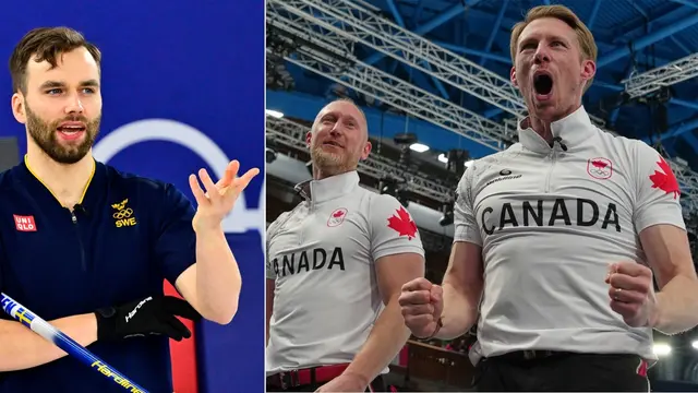 Sveriges Oskar Eriksson och Kanadas Brad Jacobs och Marc Kennedy.