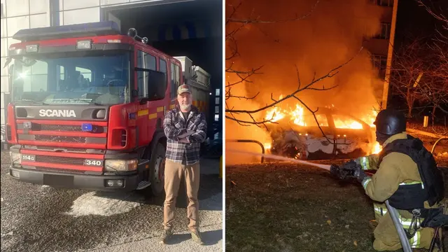 Den svenska brandbilen på plats i Ukraina. Olof Johansson Blom är en av chaufförerna som kört den dit.