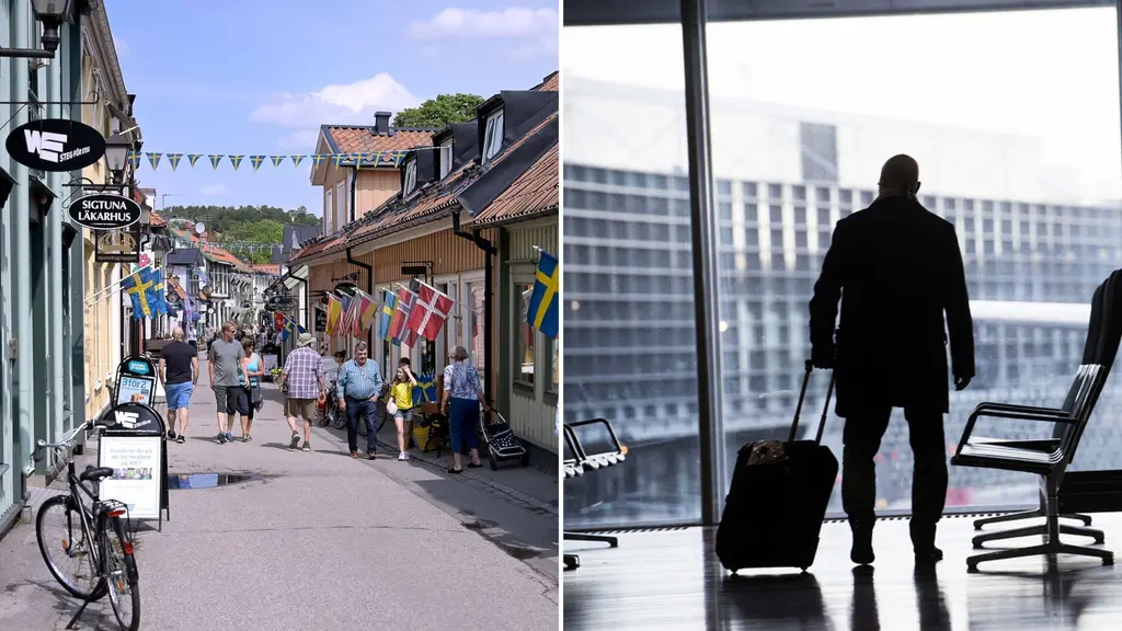 Sigtunas statskärna och en person som väntar på Arlanda flygplats.