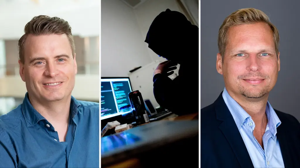 porträtt på två män samt en hackare vid datorskärmar. Foto: Hans Alm, Thomas Winje Øijord / Scanpix samt pressbild Armis.