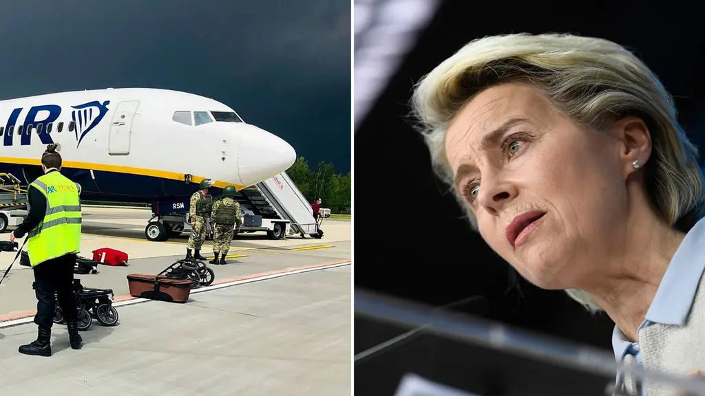 Delad bild: Flygplan och kvinna som tittar mot flygplanet. 