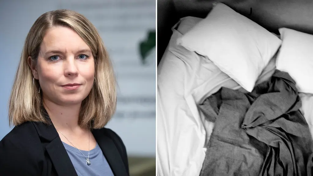 Delad bild: kvinna, obäddad säng. 