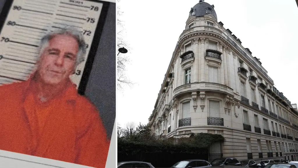 En vit byggnad med klassisk arkitektur i Paris, där Jeffrey Epstein bodde. Bilden är delad med en närbild av dokument med text och en suddig figur.