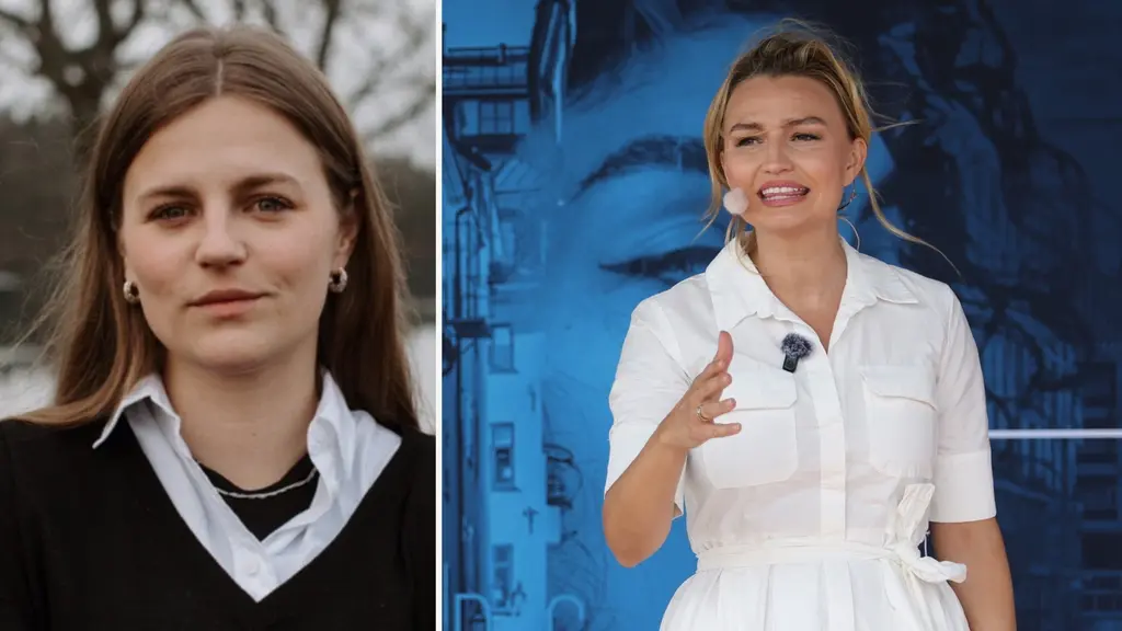 Delad bild med två kvinnor: porträtt till vänster och politiker i vit klänning som talar till höger. Illustration till kritik mot KD:s förslag om mammabonus.