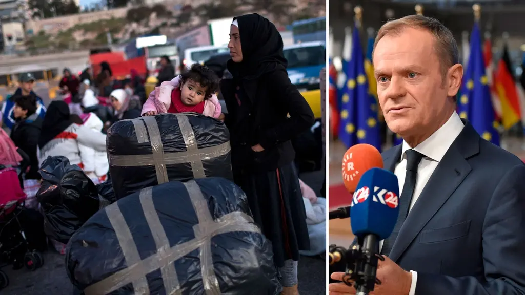 Till vänster: Flyktingar i väntan på en färja vid hamnen i den grekiska staden Pireus.  Till höger: EU:s ordförande Donald Tusk.