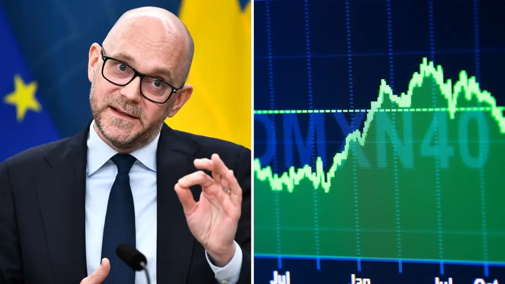 Bildmontage med en person som håller ett tal framför EU-flaggan och en graf som visar uppåtgående kurvor på en aktiemarknad eller ekonomisk trend. Fokus på ekonomi och politik.