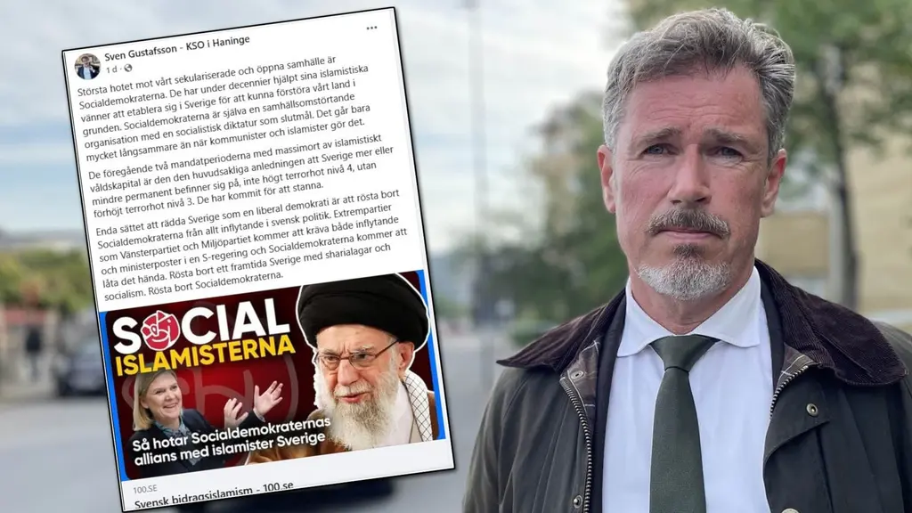En man i kostym står utomhus med suddat ansikte. Till vänster syns ett Facebook-inlägg från Gustafsson (M) där Socialdemokraterna kritiseras, med bildtexten 'Socialislamisterna' och bilder av politiska budskap.