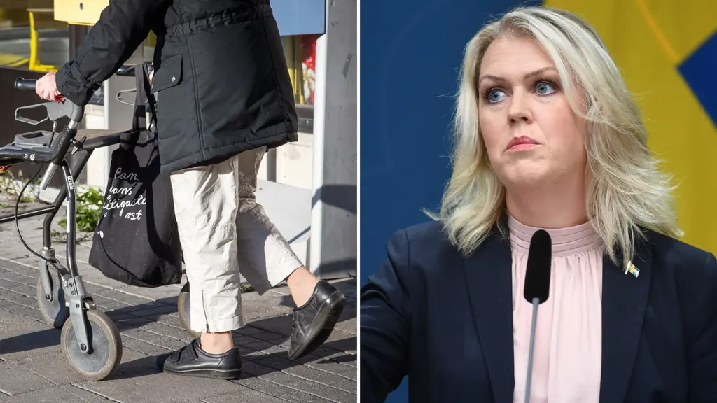 Montage med äldre kvinna md rollator och socialminister Lena Hallengren