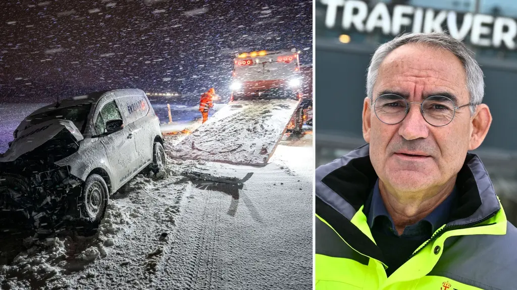 Splitbild. Till vänster syns en vit bil ligga kraschad i snön vid en väg i vinterväder. En bärgningsbil syns i bakgrunden som lyfter bilen. Till höger Roberto Maiorana, Trafikverkets generaldirektör, i varseljacka och glasögon. Trafikverkets skylt skymtar på en byggnad i bakgrunden.