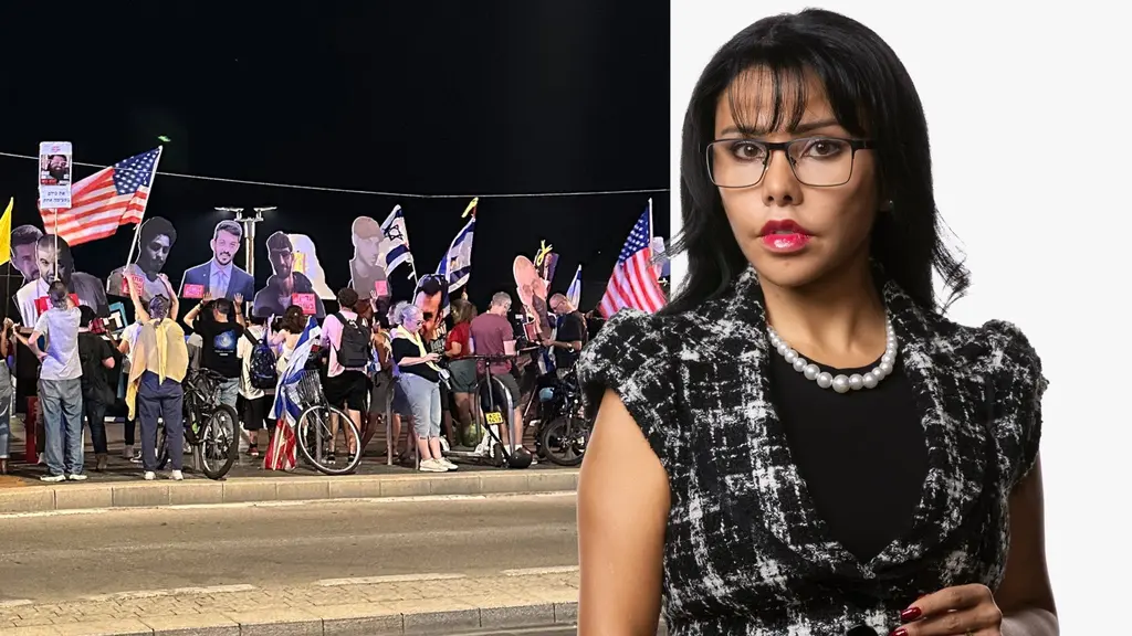 Delad bild: Demonstration i Tel Aviv, t.v och Sveriges Radios korrespondent Samar Hadrous, t.h