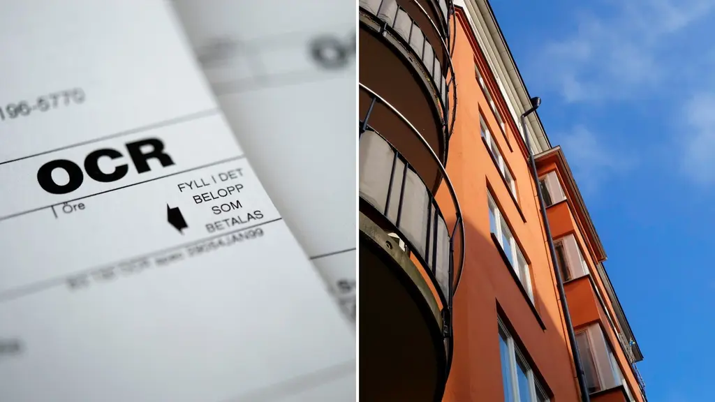 Tvådelad bild: Fakturor och husfasad mot blå himmel. 