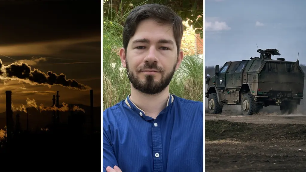 Rök som stiger i skyn, en närbild på en man och en bild på ett militärfordon.