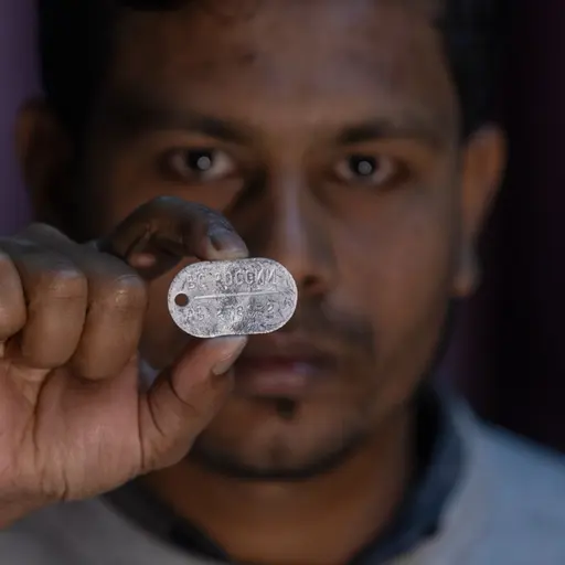 En person håller upp en rysk militär identitetsbricka mot en mörk bakgrund. Personen bär en ljus tröja och står i ett rum med dämpad belysning.