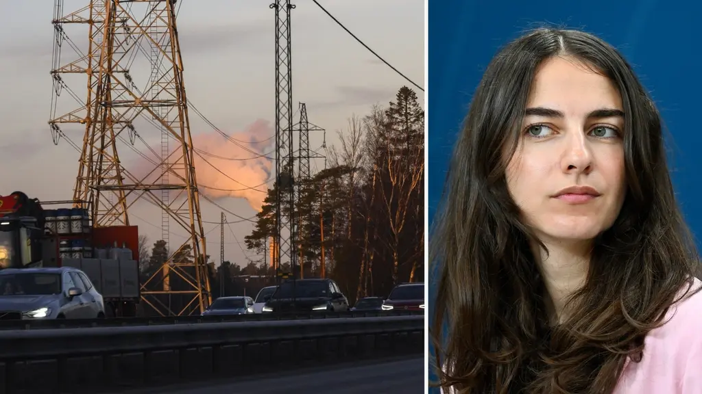 Elledningar och trafik i förgrunden mot en solnedgång, t.v. och till höger syns Romina Pourmokhtari (L), Sveriges klimat- och miljöminister.