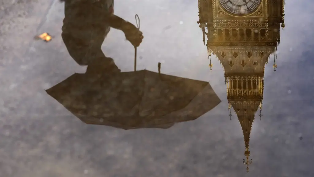 Person med paraply och Big Ben i London speglas upp och nervända i vatten 