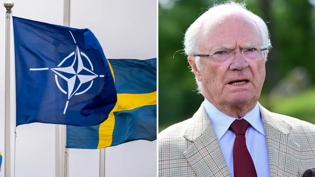 Delad bild. Till vänster Nato och svensk flagga. Till höger Kung Carl Gustaf.