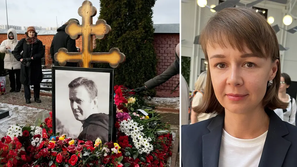 En bild med två delar: till vänster en gravplats med blommor och ett kors ovanför en inramad bild av Aleksej Navalnyj. Till höger: Ksenija Fadejeva i en ljus miljö.