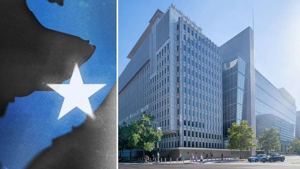 Ett kollage av Somalias flagga och Världsbankens fasad.